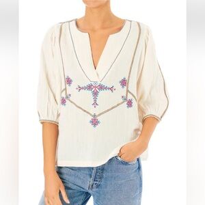 M.a.b.e. Vivien Embroidered Blouse Size XS Off White Gauze Short Sleeves